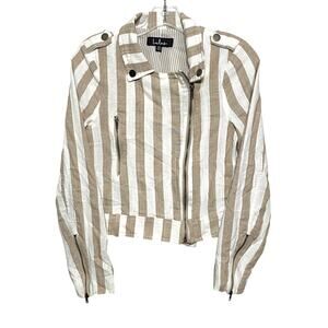 Lulus Vacation Signature Taupe Ivory Striped Crop Moto Jacket Zip Front Women XS